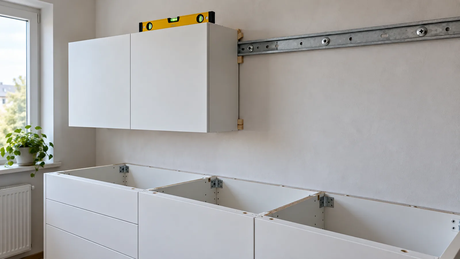 نصب کابینت آشپزخانه دیواری روی ریل با تراز