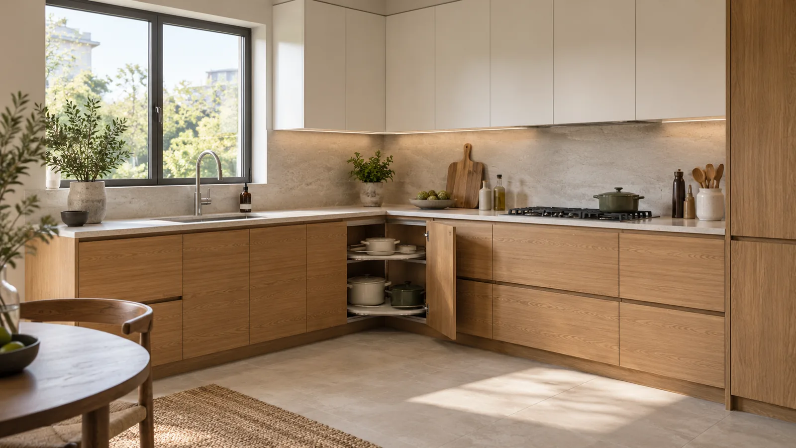 چیدمان کابینت آشپزخانه L شکل با یونیت گوشه و سینیهای بیرونآمدنی