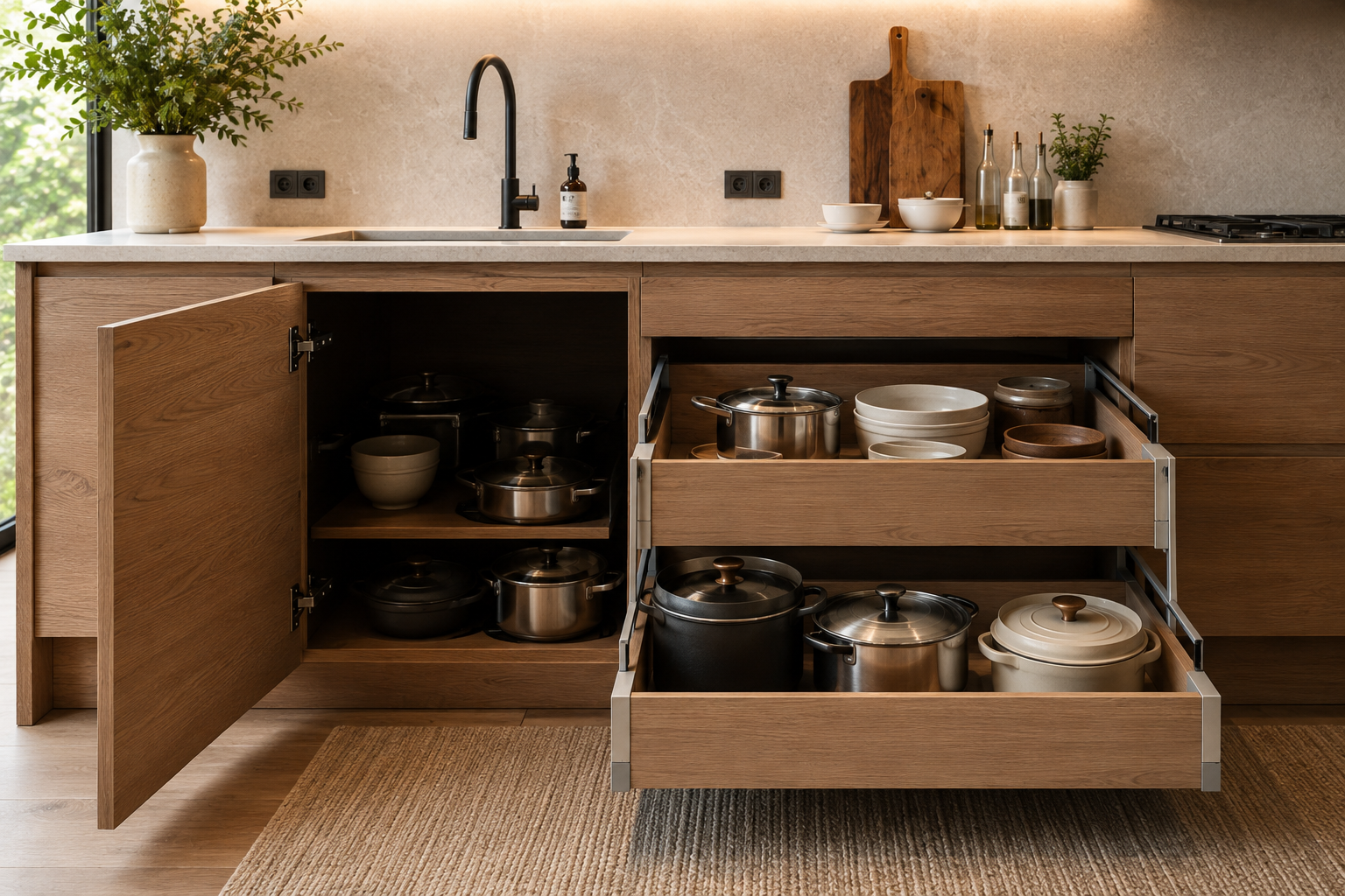 مقایسه کابینت عمیق درب‌دار با کشوی عمیق و قابل دسترس برای نگهداری ظروف
