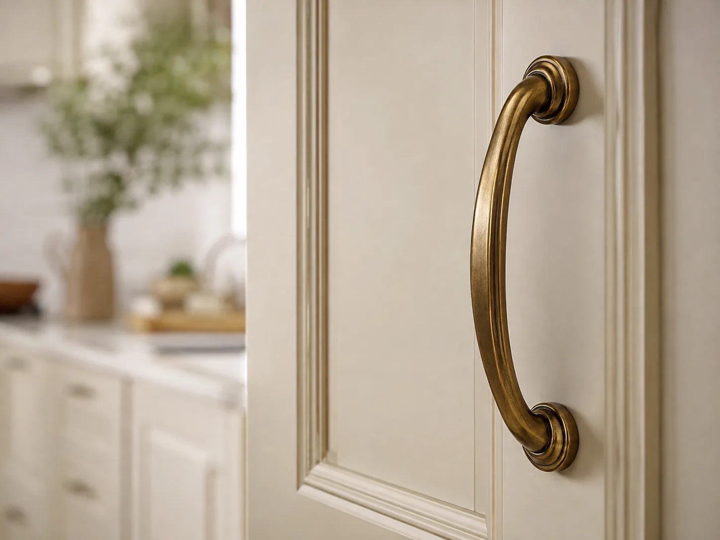 نمای نزدیک از دستگیرهٔ منحنی و آویز روی کابینت نئوکلاسیک