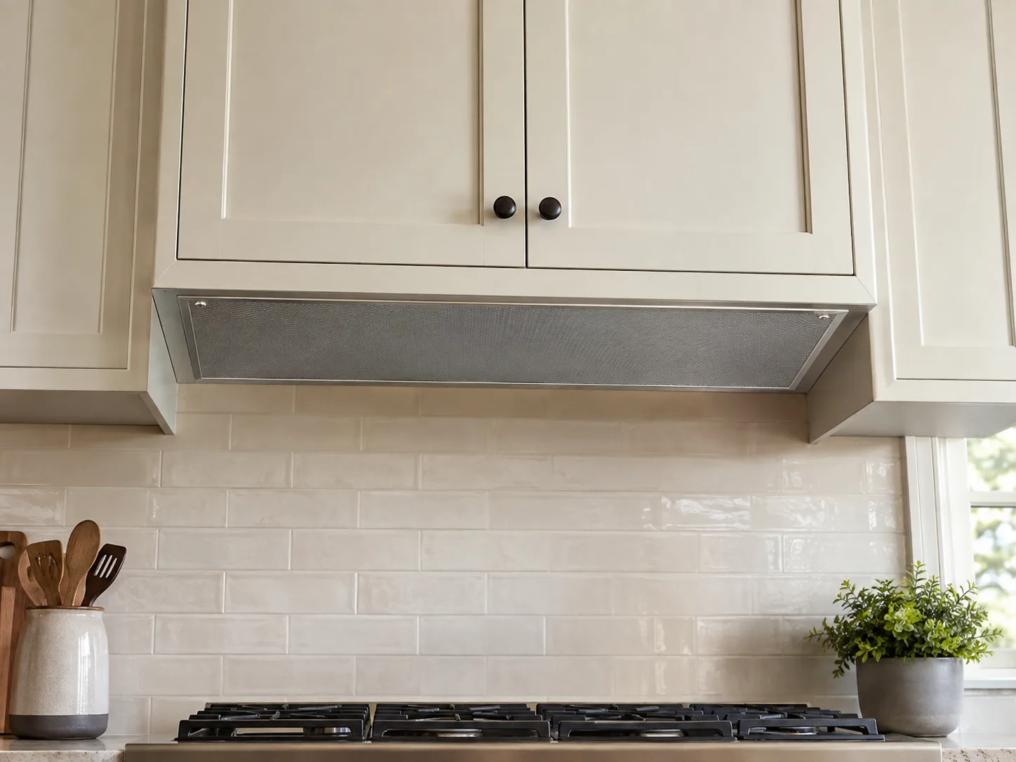 کابینت دیواری با محافظ حرارتی نصبشده در فاصلهٔ ایمن بالای اجاق آشپزخانه