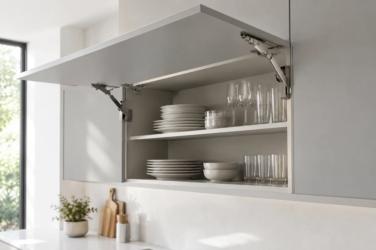 تصویرسازی درب کابینت دیواری باز شده رو به بالا با بازوی بالابر در دو طرف بدنه و ظروف روی قفسهها